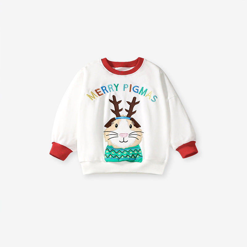 Colorful long sleeves crew for girls featuring a cartoon Christmas pattern, made from soft cotton and polyester blend.