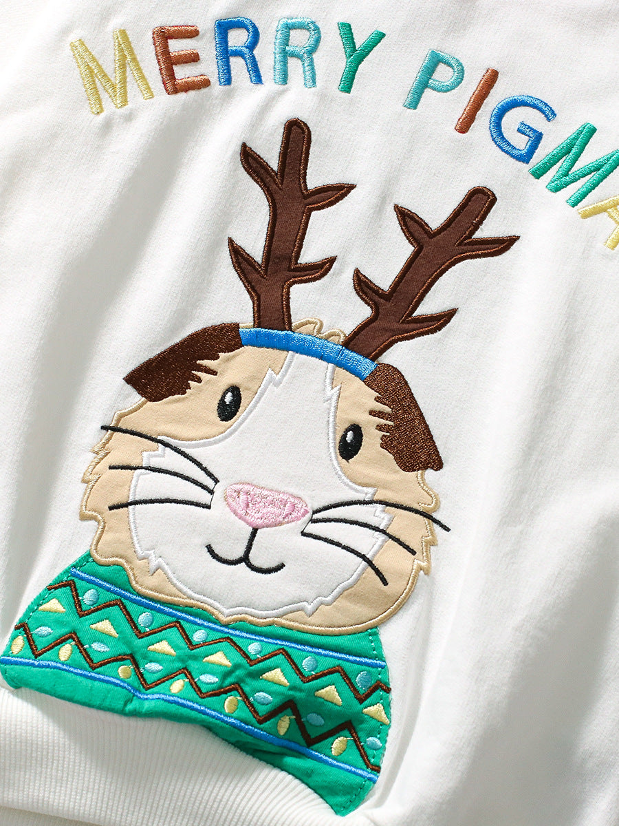 Colorful long sleeves crew for girls featuring a cartoon Christmas pattern, made from soft cotton and polyester blend.