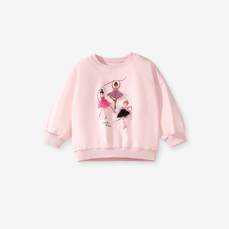 A pink long sleeve crew neck top featuring a cartoon dancer pattern, designed for girls aged 12 months to 10 years.