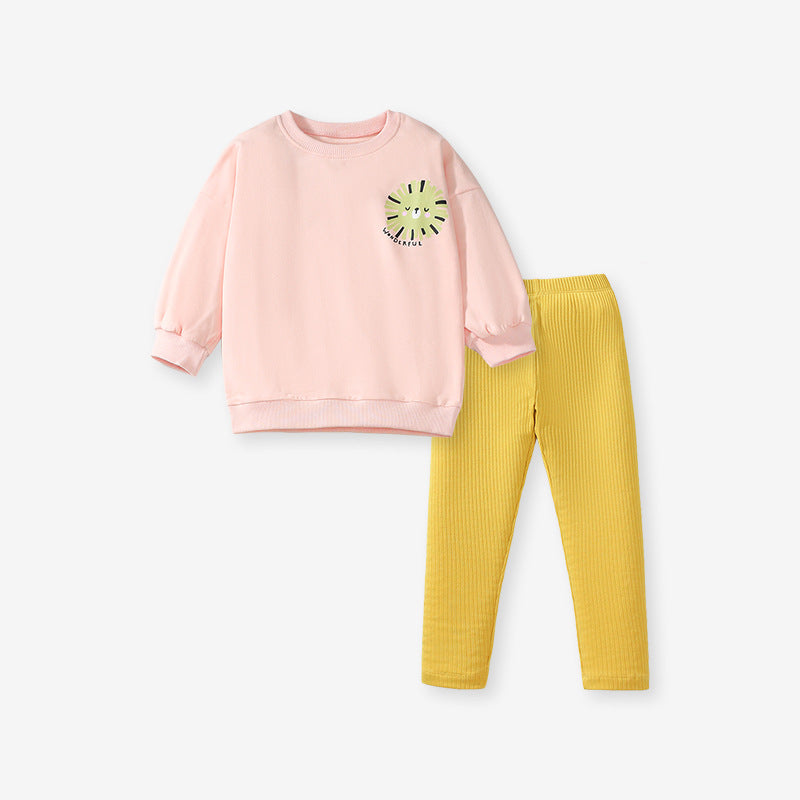 Pink sweatshirt for girls featuring a cute cartoon lion print, made from soft cotton and polyester, perfect for spring and autumn wear.