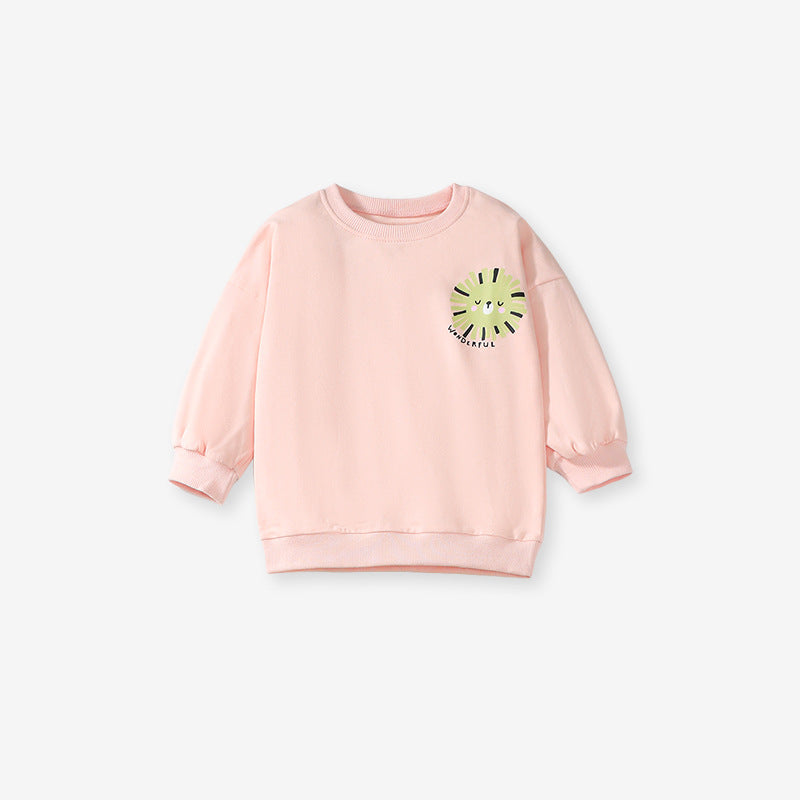 Pink sweatshirt for girls featuring a cute cartoon lion print, made from soft cotton and polyester, perfect for spring and autumn wear.