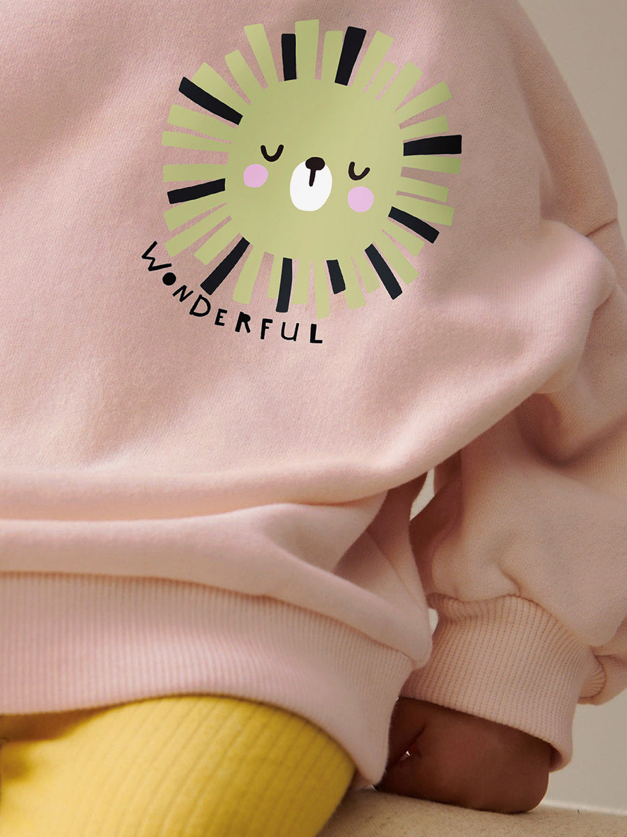 Pink sweatshirt for girls featuring a cute cartoon lion print, made from soft cotton and polyester, perfect for spring and autumn wear.