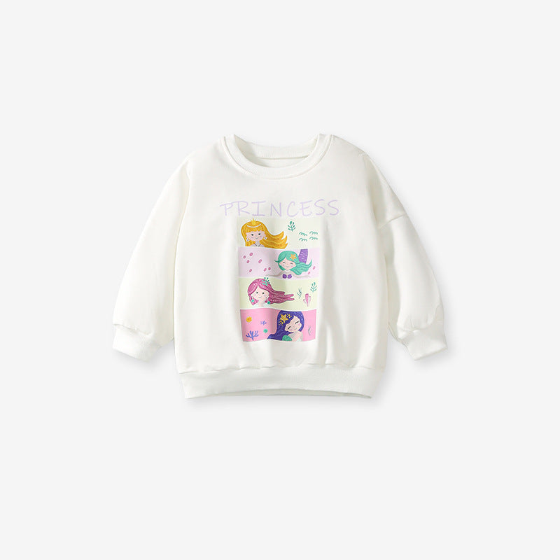 A cute long sleeves top for girls featuring a cartoon princess print, made from soft cotton and polyester, ideal for spring and autumn.