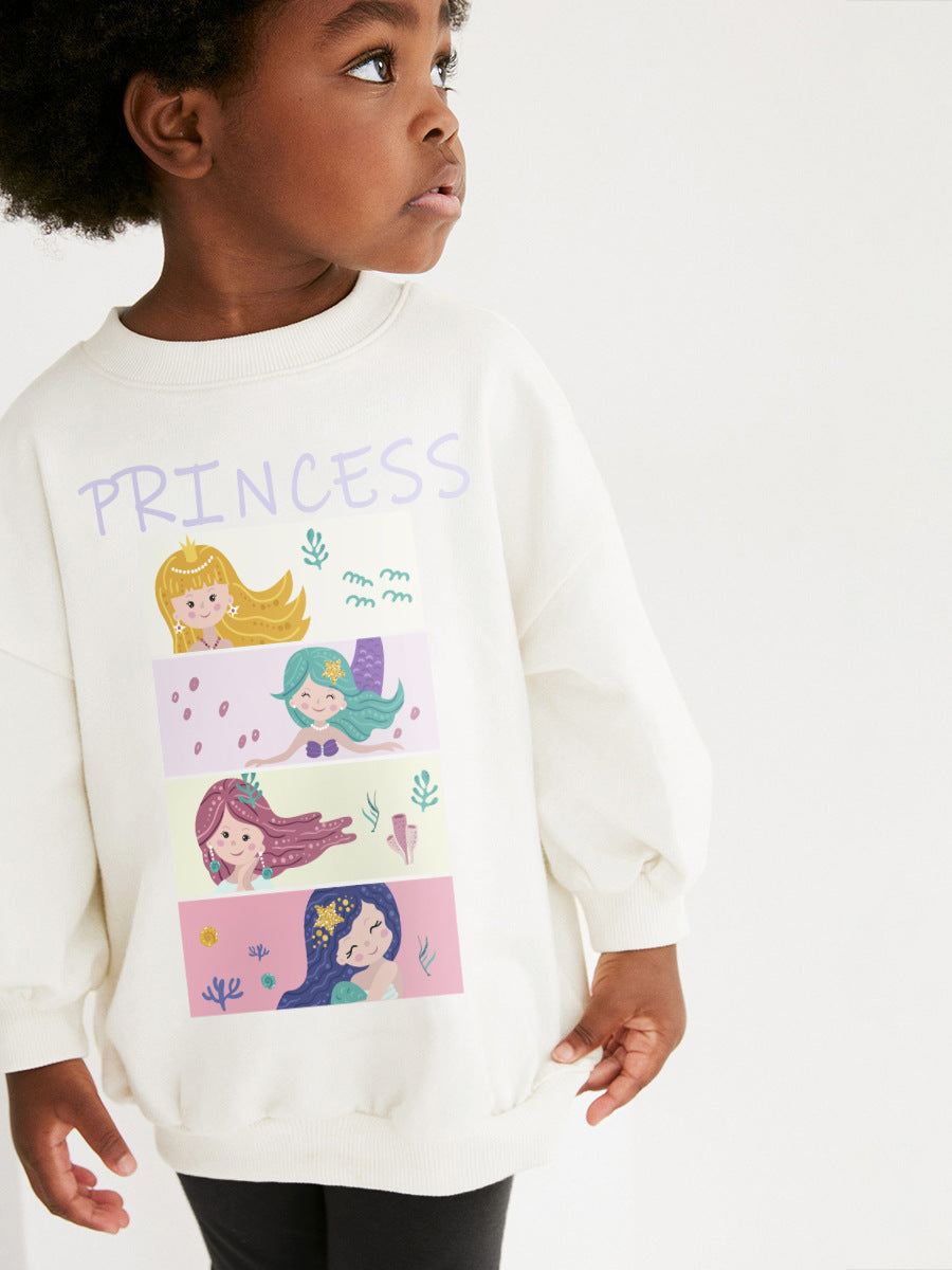 A cute long sleeves top for girls featuring a cartoon princess print, made from soft cotton and polyester, ideal for spring and autumn.