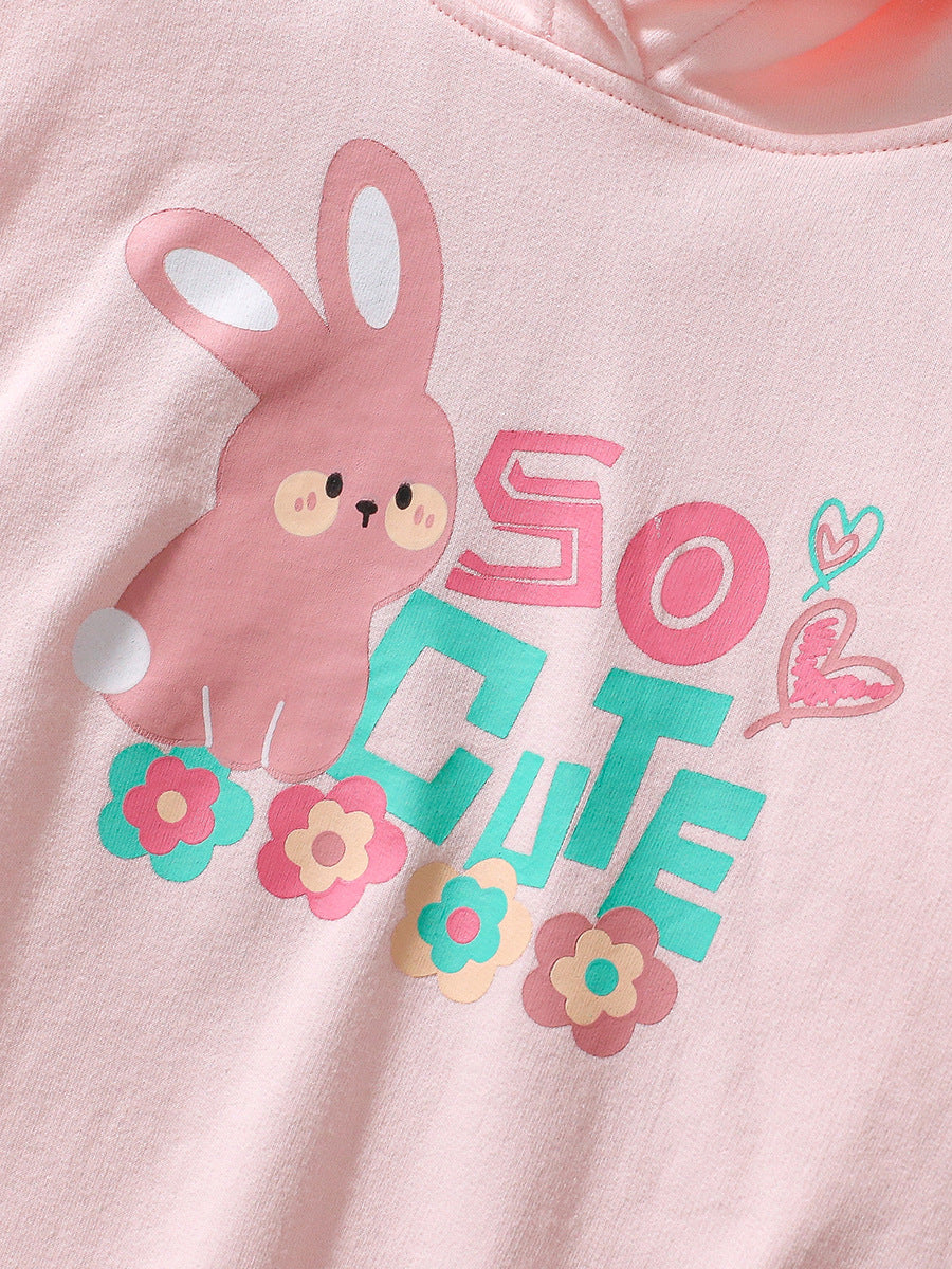 A pink long sleeves top featuring a cute cartoon rabbit pattern, perfect for girls in spring and autumn.