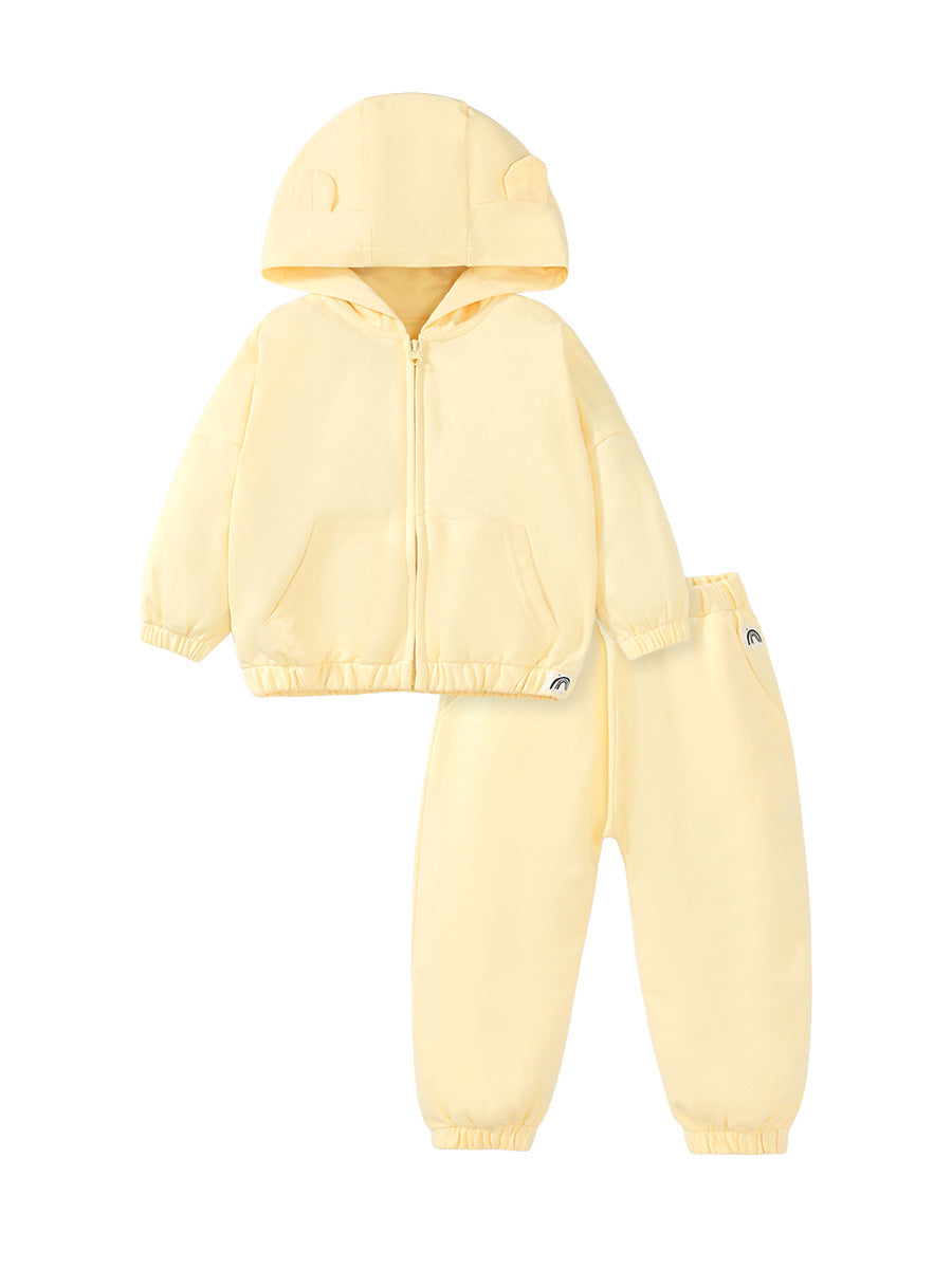 A vibrant yellow hoodie for girls, featuring long sleeves and a solid color design, perfect for spring and autumn wear.