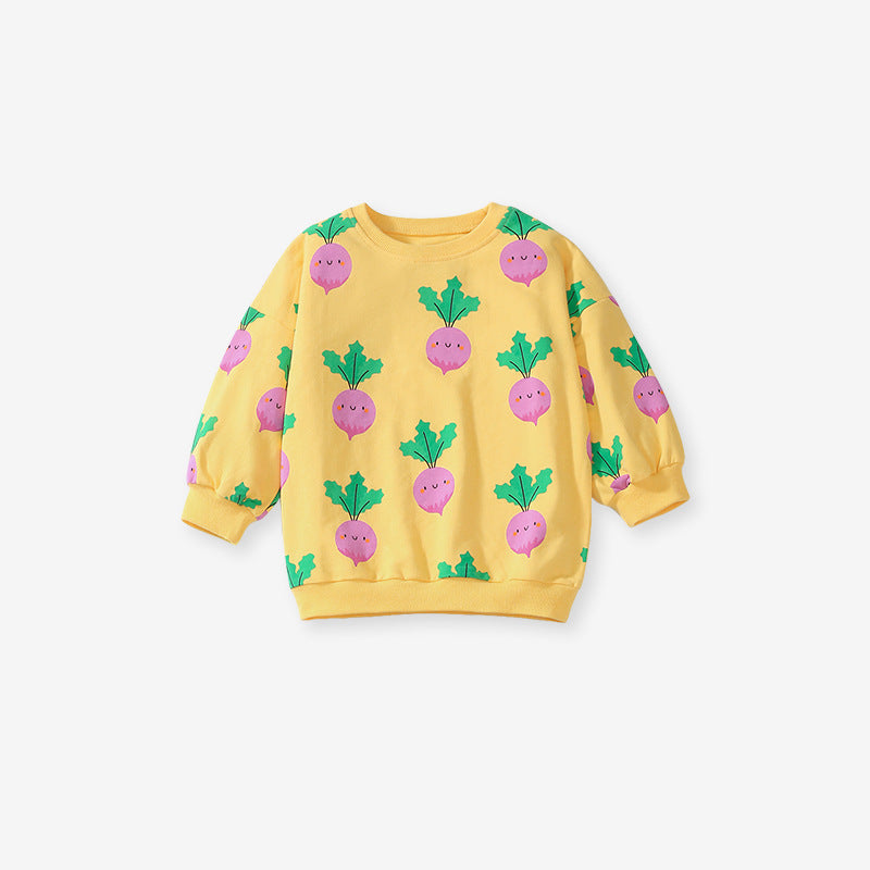 A bright yellow long sleeves top featuring a cute turnip cartoon pattern, designed for girls aged 12 months to 10 years.