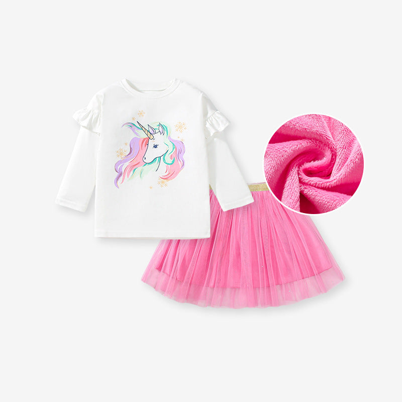 A stylish long-sleeve crew neck top for girls featuring a colorful unicorn pattern, made from soft cotton, perfect for spring and autumn wear.