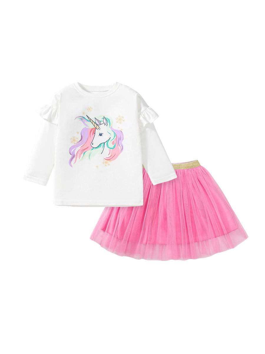 A stylish long-sleeve crew neck top for girls featuring a colorful unicorn pattern, made from soft cotton, perfect for spring and autumn wear.