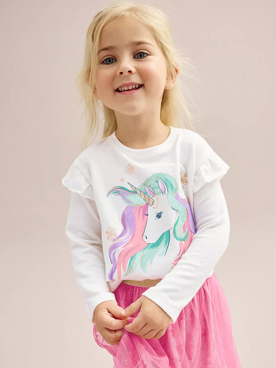 A stylish long-sleeve crew neck top for girls featuring a colorful unicorn pattern, made from soft cotton, perfect for spring and autumn wear.