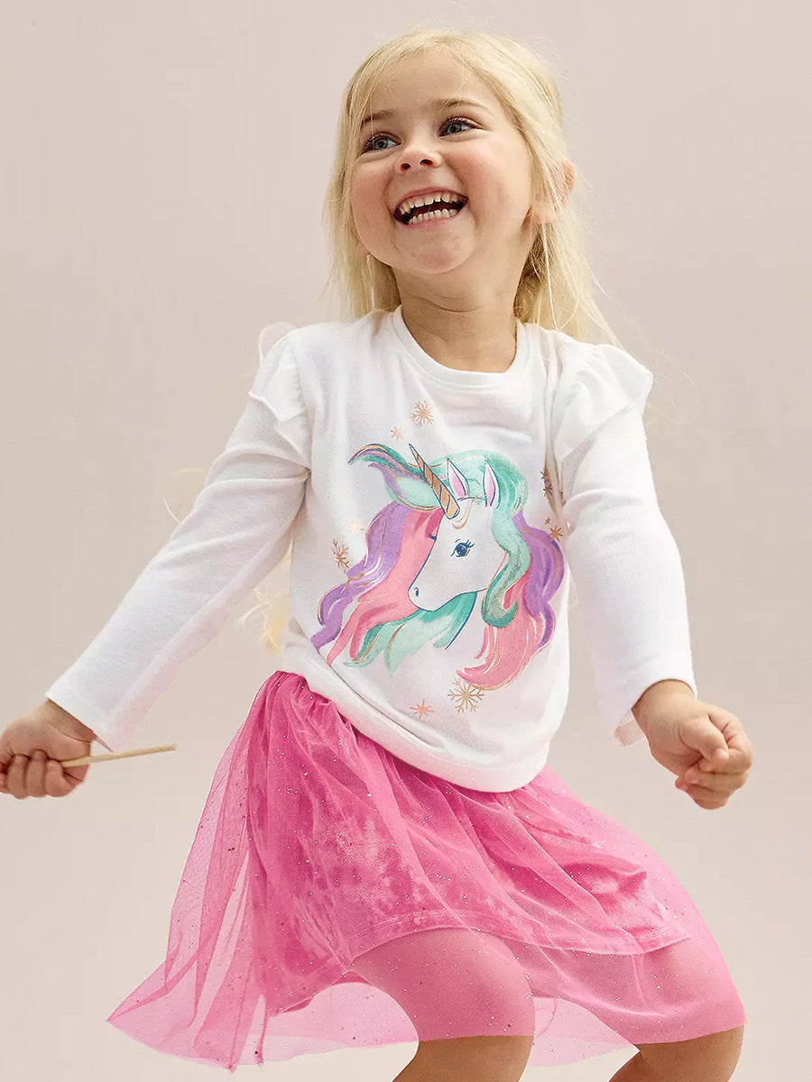 A stylish long-sleeve crew neck top for girls featuring a colorful unicorn pattern, made from soft cotton, perfect for spring and autumn wear.