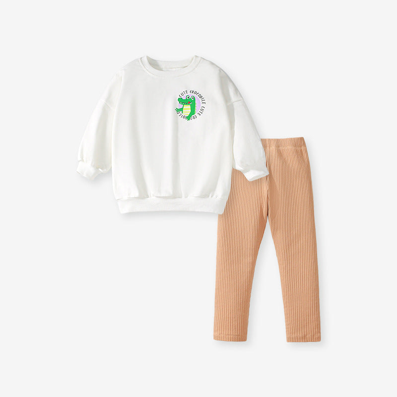 A white long sleeves crew neck for girls featuring a simple crocodile logo, made from a soft cotton and polyester blend.