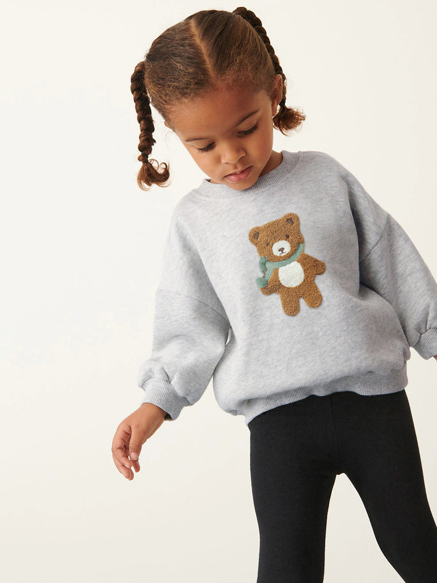 A grey long-sleeve sweatshirt for girls featuring a cute teddy bear cartoon pattern, made from soft cotton and polyester blend.