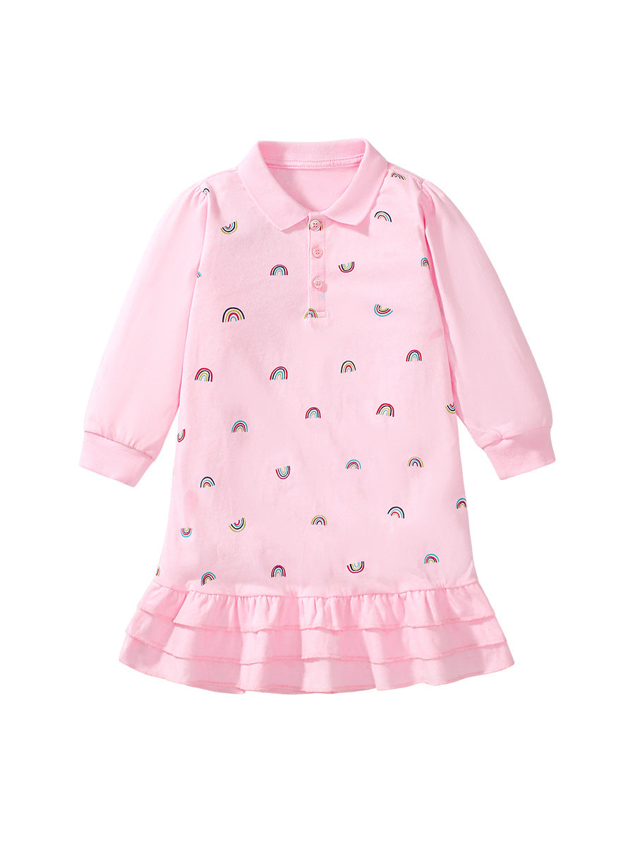 A pink long sleeves polo shirt for girls featuring a vibrant rainbow print, made from soft cotton fabric.