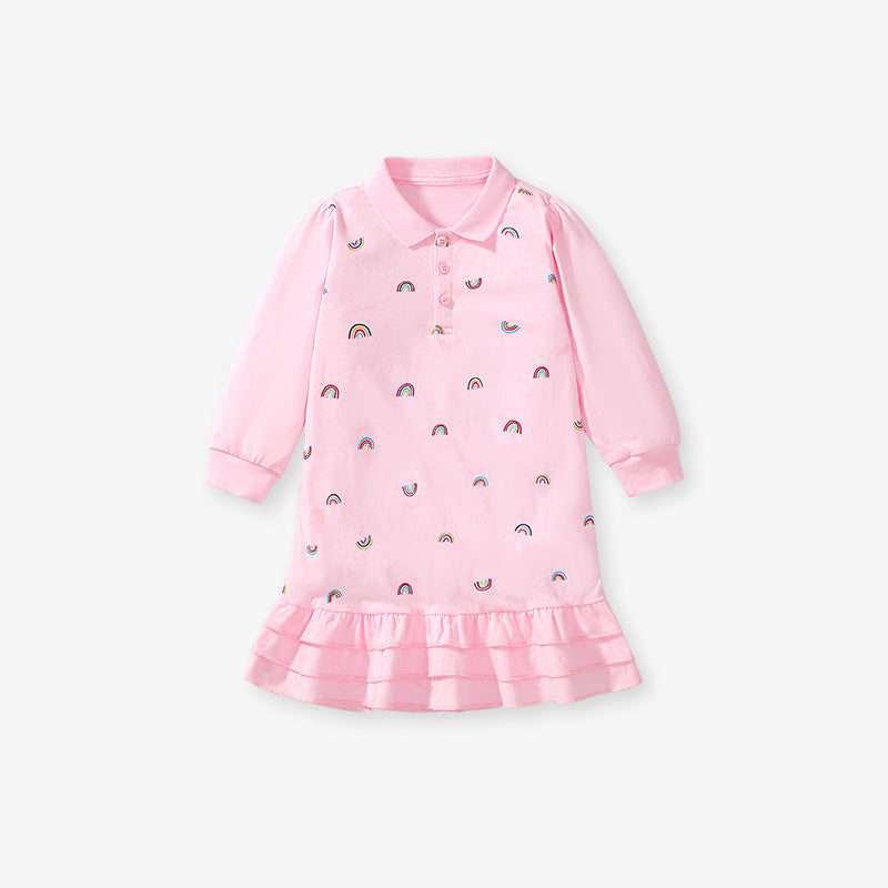 A pink long sleeves polo shirt for girls featuring a vibrant rainbow print, made from soft cotton fabric.