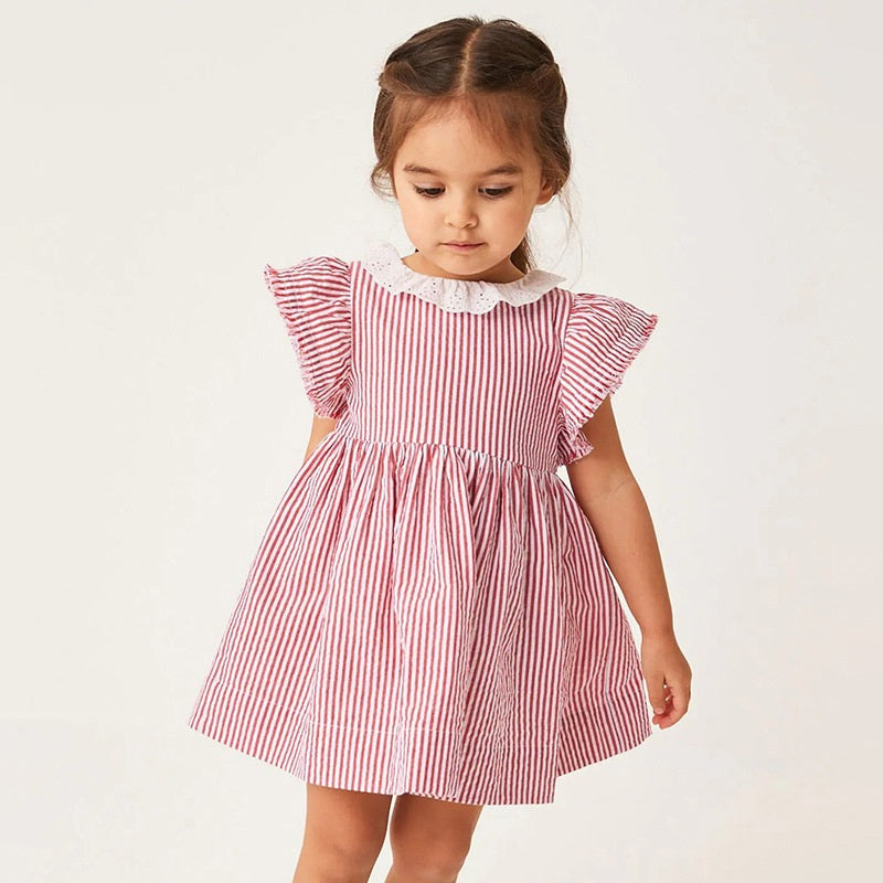 Spring and Summer Baby Girls Ruffle Collar Short Sleeves Striped Dress in vibrant red with ruffle collar and striped pattern.