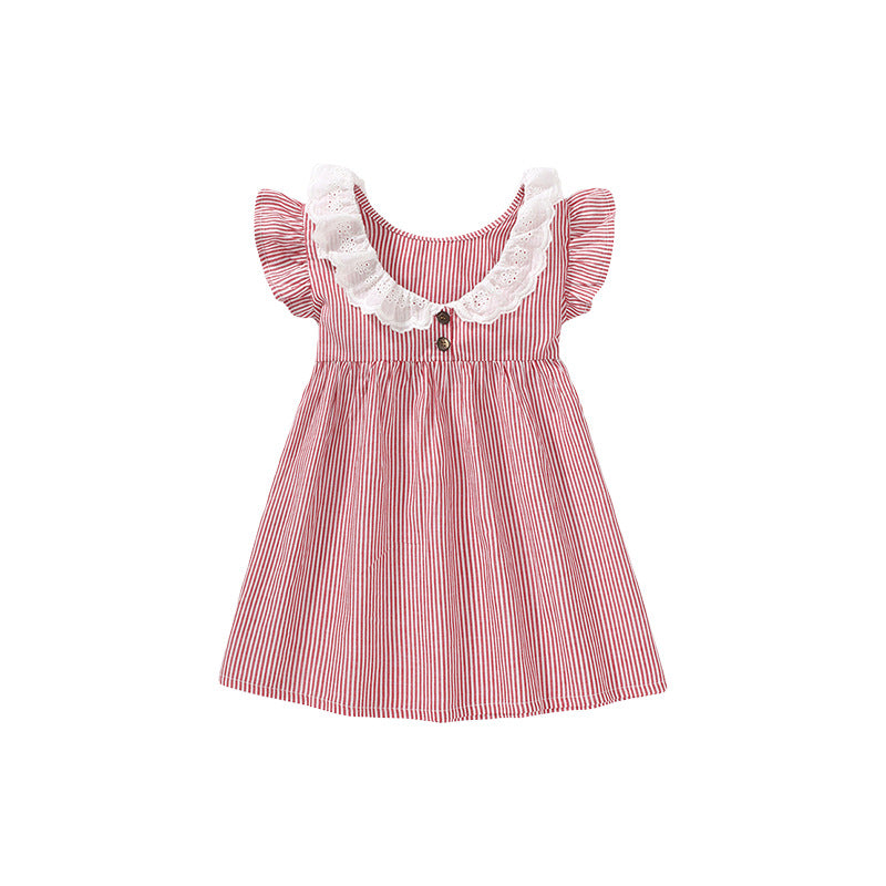 Spring and Summer Baby Girls Ruffle Collar Short Sleeves Striped Dress in vibrant red with ruffle collar and striped pattern.