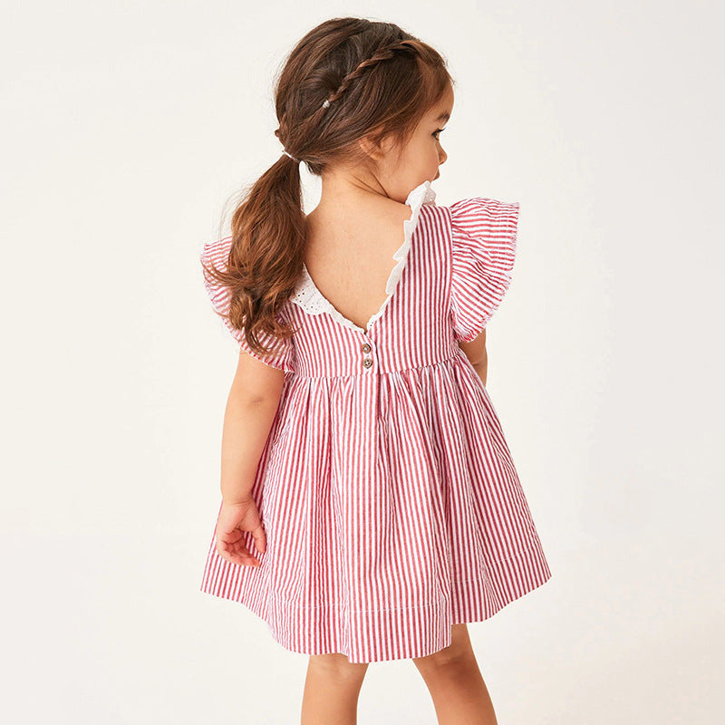 Spring and Summer Baby Girls Ruffle Collar Short Sleeves Striped Dress in vibrant red with ruffle collar and striped pattern.