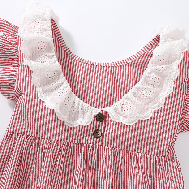 Spring and Summer Baby Girls Ruffle Collar Short Sleeves Striped Dress in vibrant red with ruffle collar and striped pattern.