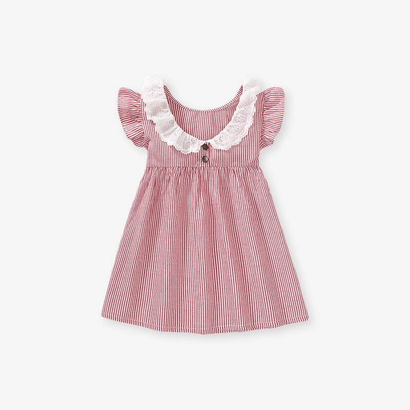 Spring and Summer Baby Girls Ruffle Collar Short Sleeves Striped Dress in vibrant red with ruffle collar and striped pattern.