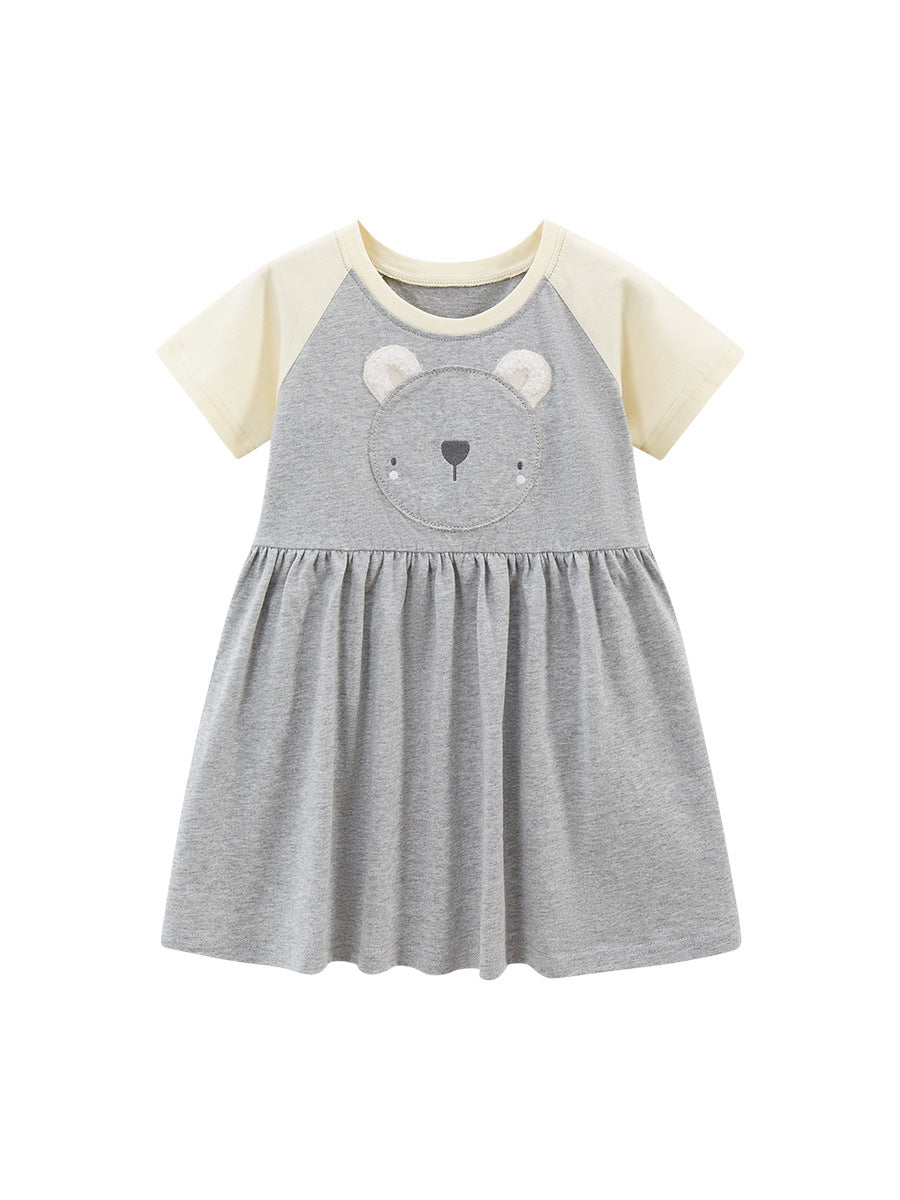 A grey short-sleeved top for baby girls featuring a cute bear design and cartoon pattern, perfect for spring and summer wear.