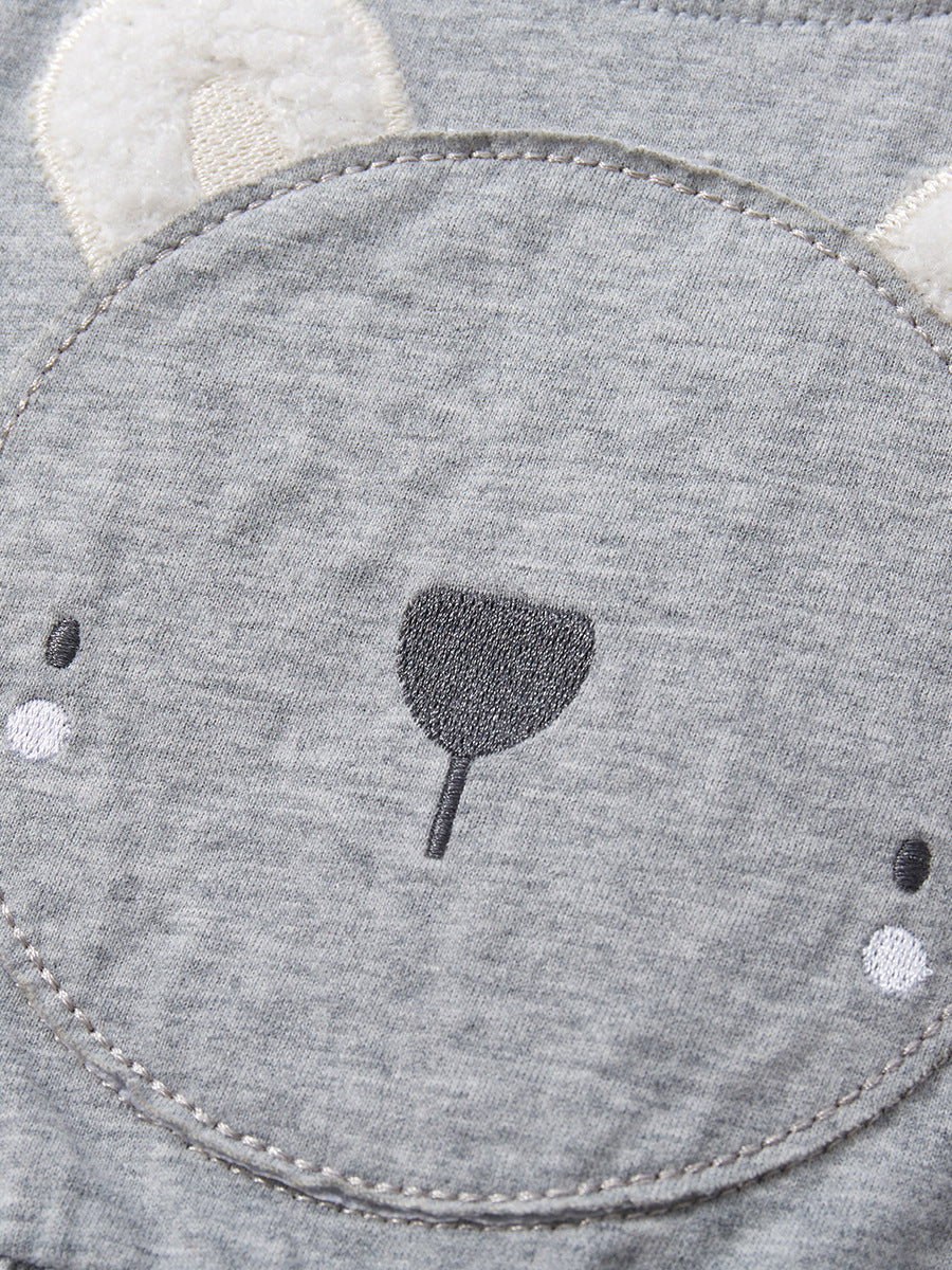 A grey short-sleeved top for baby girls featuring a cute bear design and cartoon pattern, perfect for spring and summer wear.