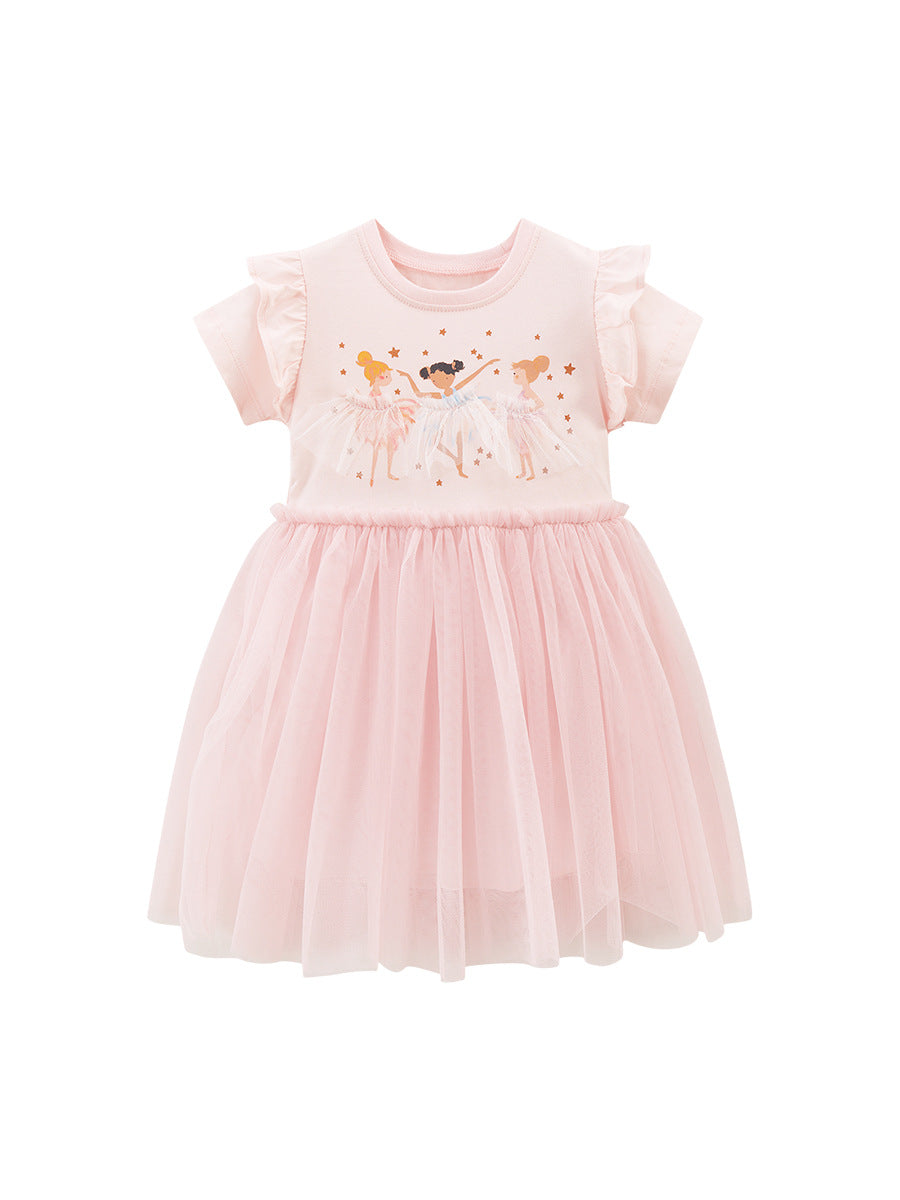 A pink short-sleeved top for baby girls featuring a cute cartoon dancer pattern, made from soft cotton, perfect for spring and summer wear.