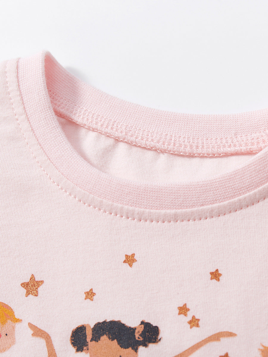 A pink short-sleeved top for baby girls featuring a cute cartoon dancer pattern, made from soft cotton, perfect for spring and summer wear.