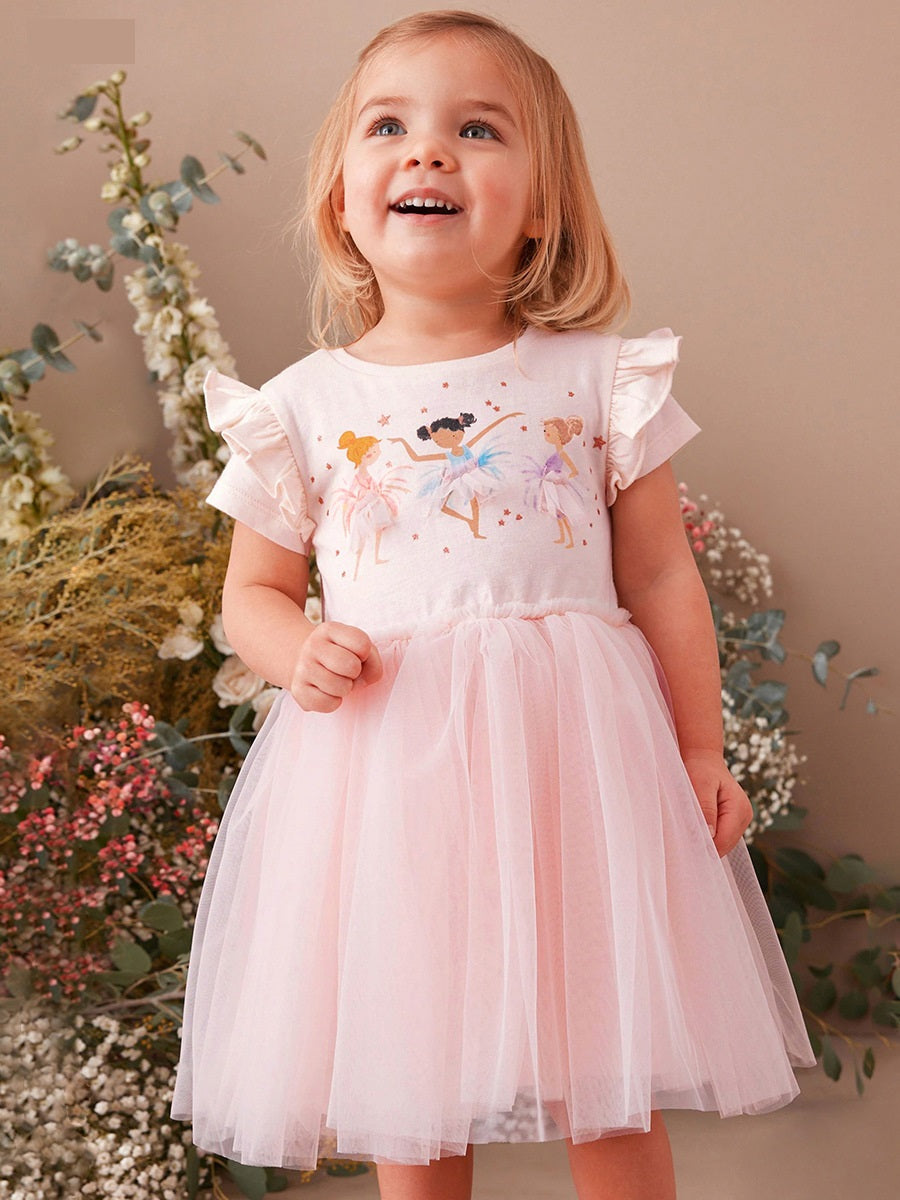 A pink short-sleeved top for baby girls featuring a cute cartoon dancer pattern, made from soft cotton, perfect for spring and summer wear.