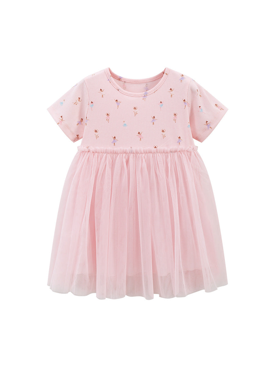 Spring and Summer Baby Girls Short Sleeves top featuring a cute cartoon dancer pattern in pink color, made from soft cotton and polyester.