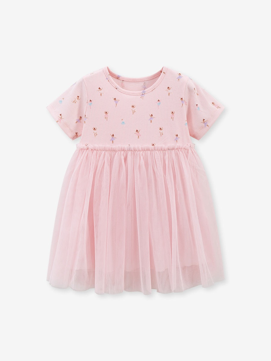 Spring and Summer Baby Girls Short Sleeves top featuring a cute cartoon dancer pattern in pink color, made from soft cotton and polyester.