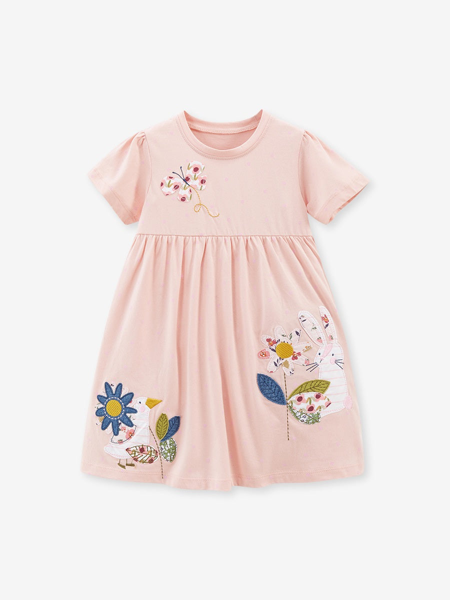 Spring and Summer Baby Girls Short Sleeves in pink with floral and animal embroidery, perfect for warm weather.