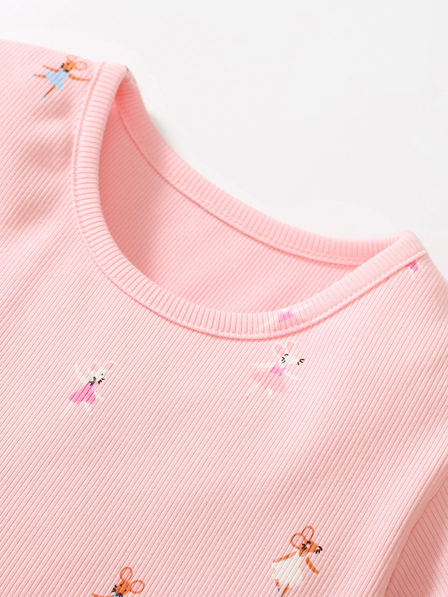 Spring and Summer Baby Girls Short Sleeves top featuring cute mouse dancers in pink color, made from soft cotton and polyester.