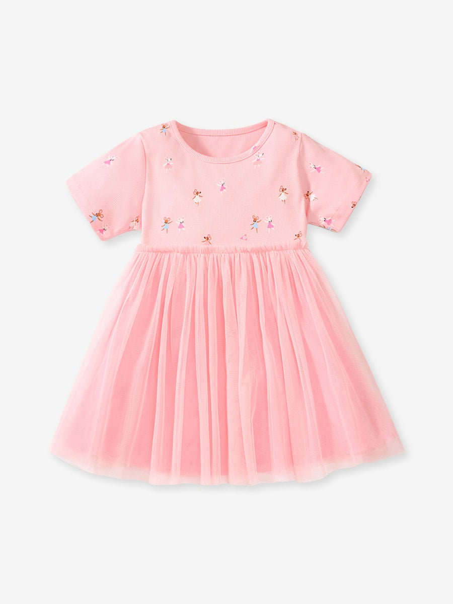 Spring and Summer Baby Girls Short Sleeves top featuring cute mouse dancers in pink color, made from soft cotton and polyester.