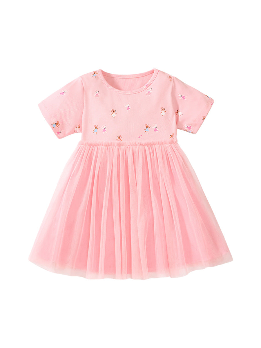 Spring and Summer Baby Girls Short Sleeves top featuring cute mouse dancers in pink color, made from soft cotton and polyester.