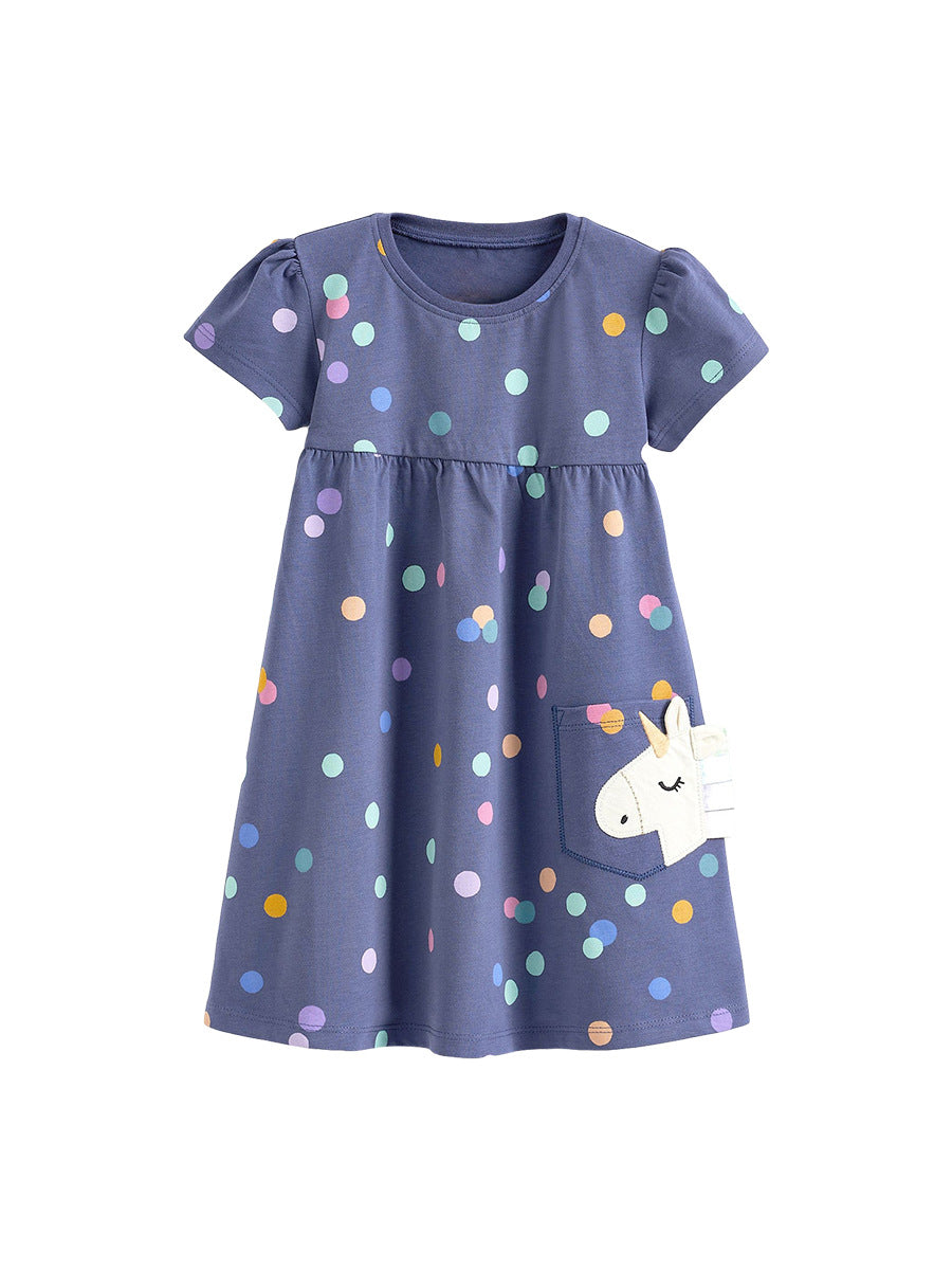 A blue baby girl's dress with short sleeves and a polka dot pattern, perfect for spring and summer wear.