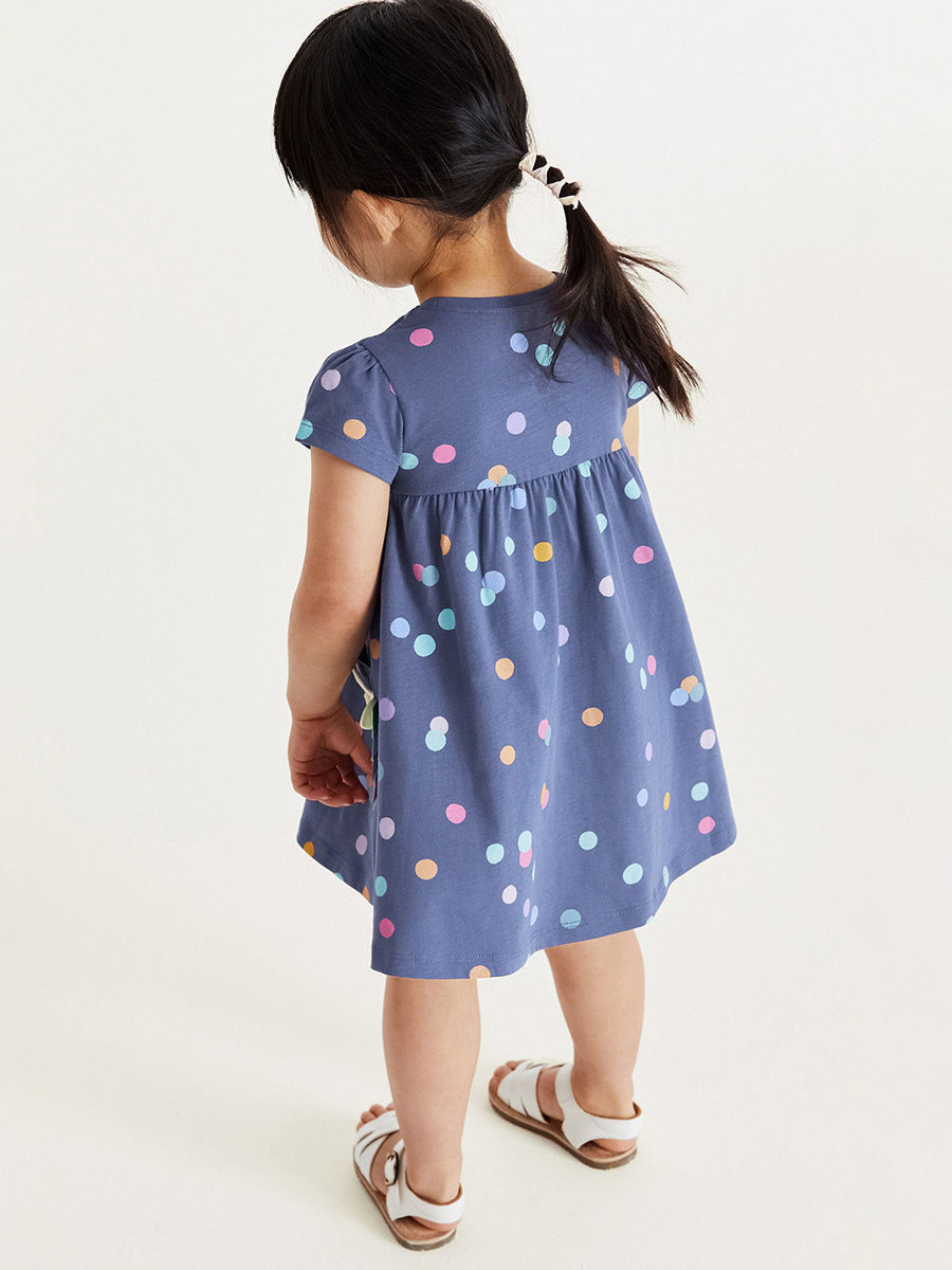 A blue baby girl's dress with short sleeves and a polka dot pattern, perfect for spring and summer wear.