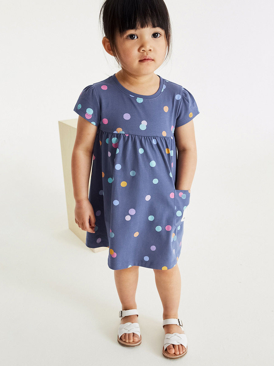 A blue baby girl's dress with short sleeves and a polka dot pattern, perfect for spring and summer wear.