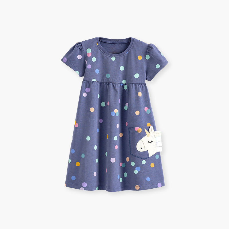 A blue baby girl's dress with short sleeves and a polka dot pattern, perfect for spring and summer wear.