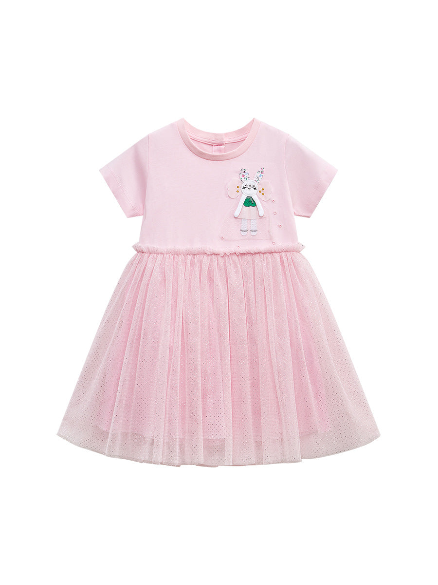 Spring and Summer Baby Girls Short Sleeves Rabbit Cartoon Chiffon top in pink, featuring a cute rabbit design, perfect for warm weather.