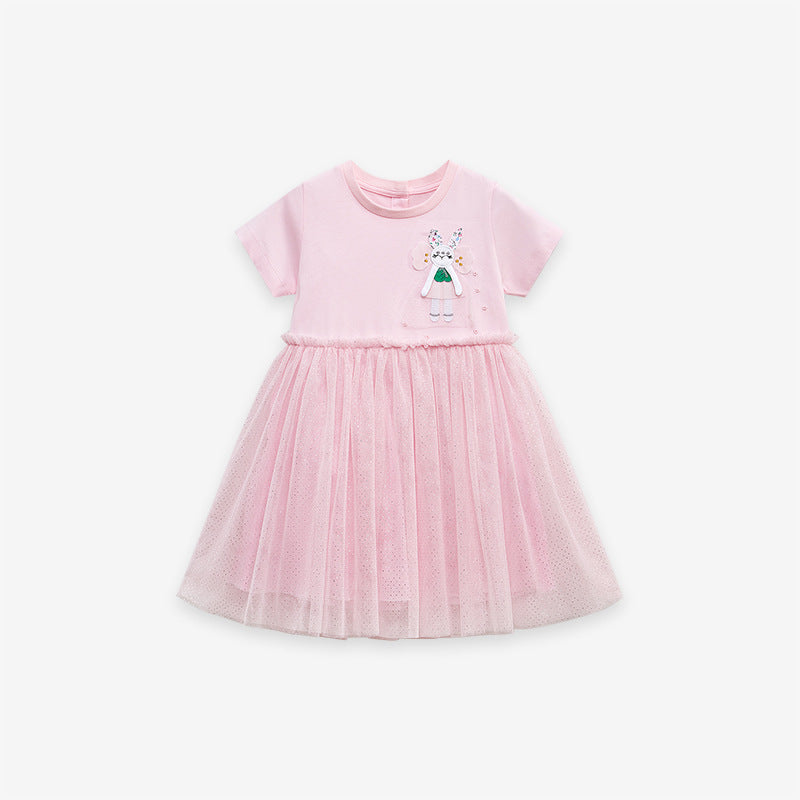 Spring and Summer Baby Girls Short Sleeves Rabbit Cartoon Chiffon top in pink, featuring a cute rabbit design, perfect for warm weather.