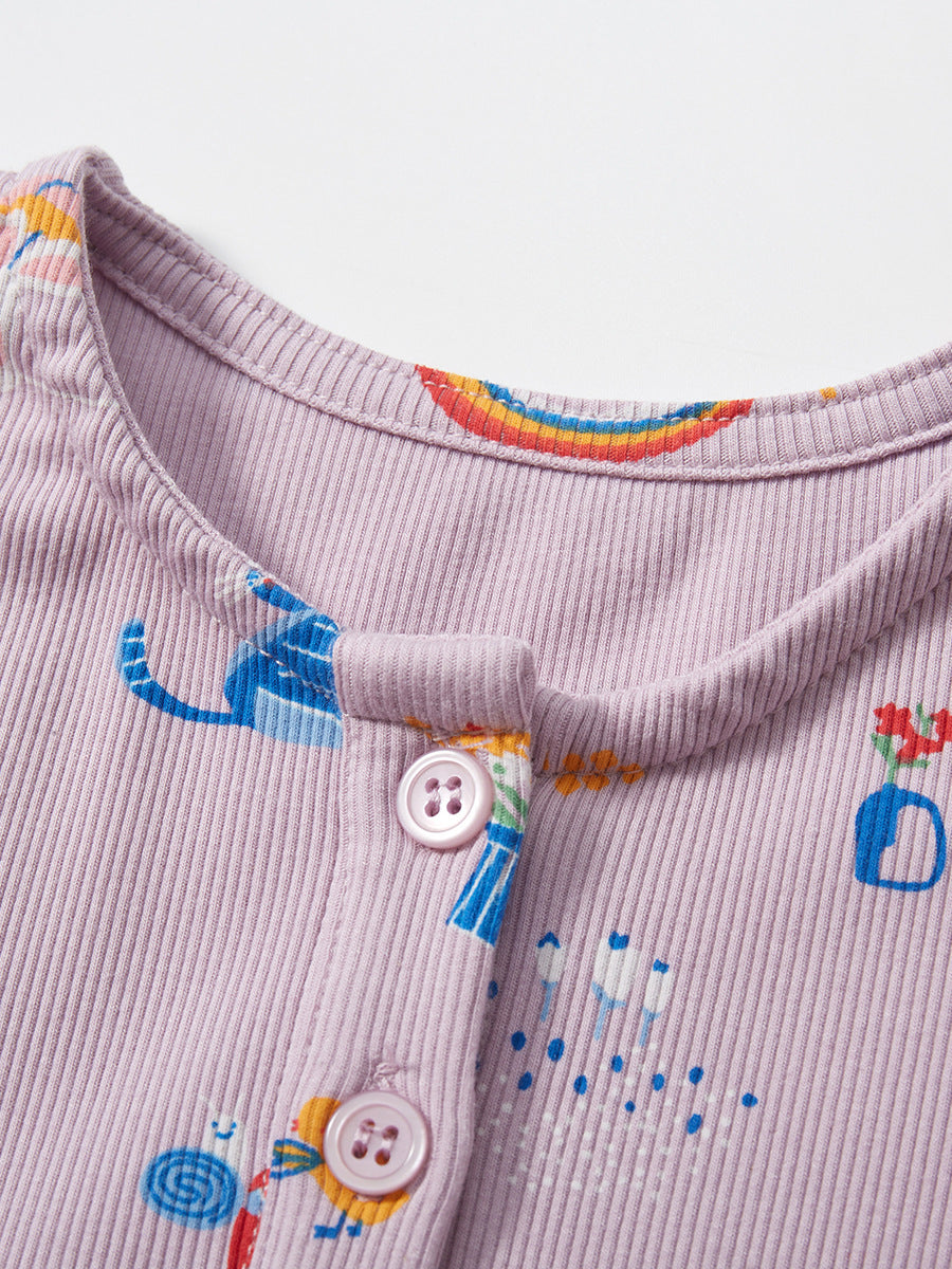 A purple short-sleeved top for baby girls featuring a colorful rainbow animal and floral design, perfect for spring and summer wear.