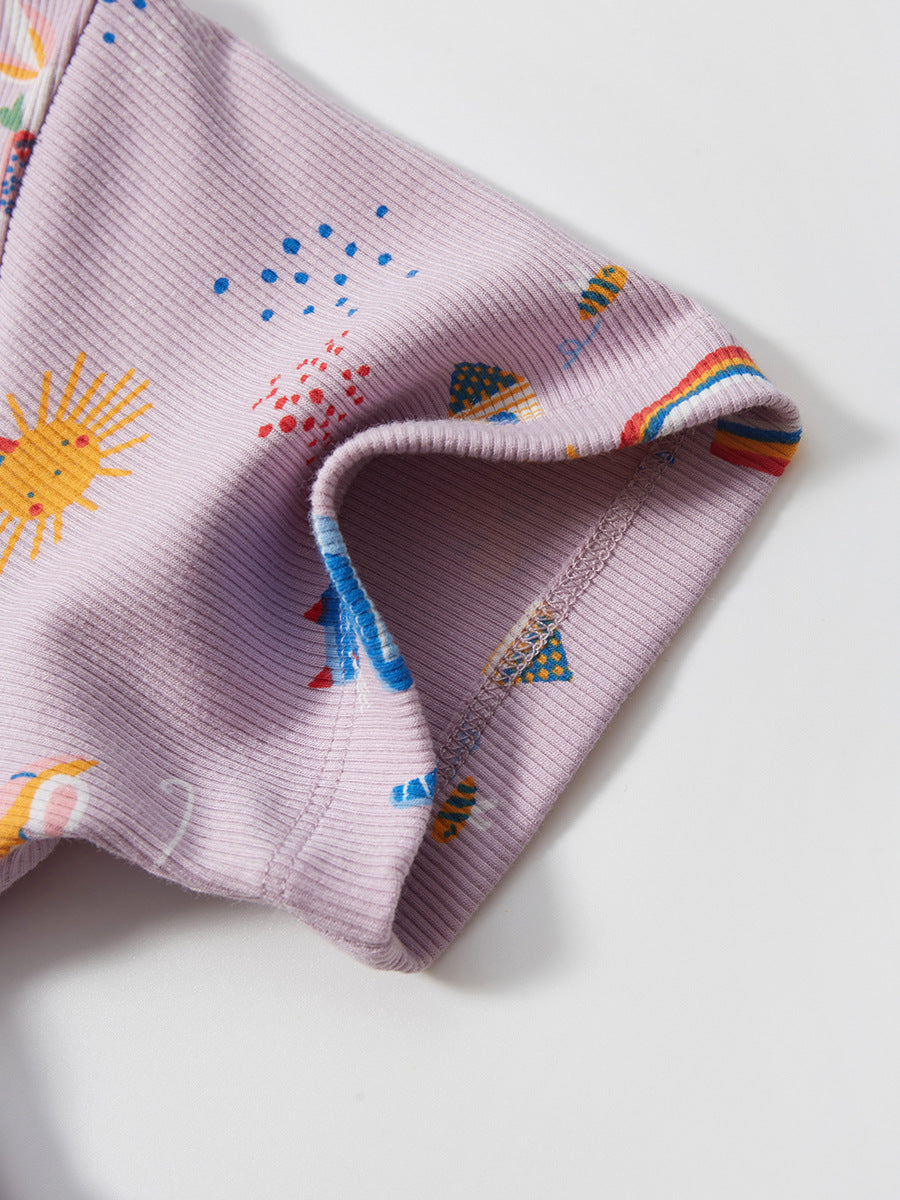 A purple short-sleeved top for baby girls featuring a colorful rainbow animal and floral design, perfect for spring and summer wear.