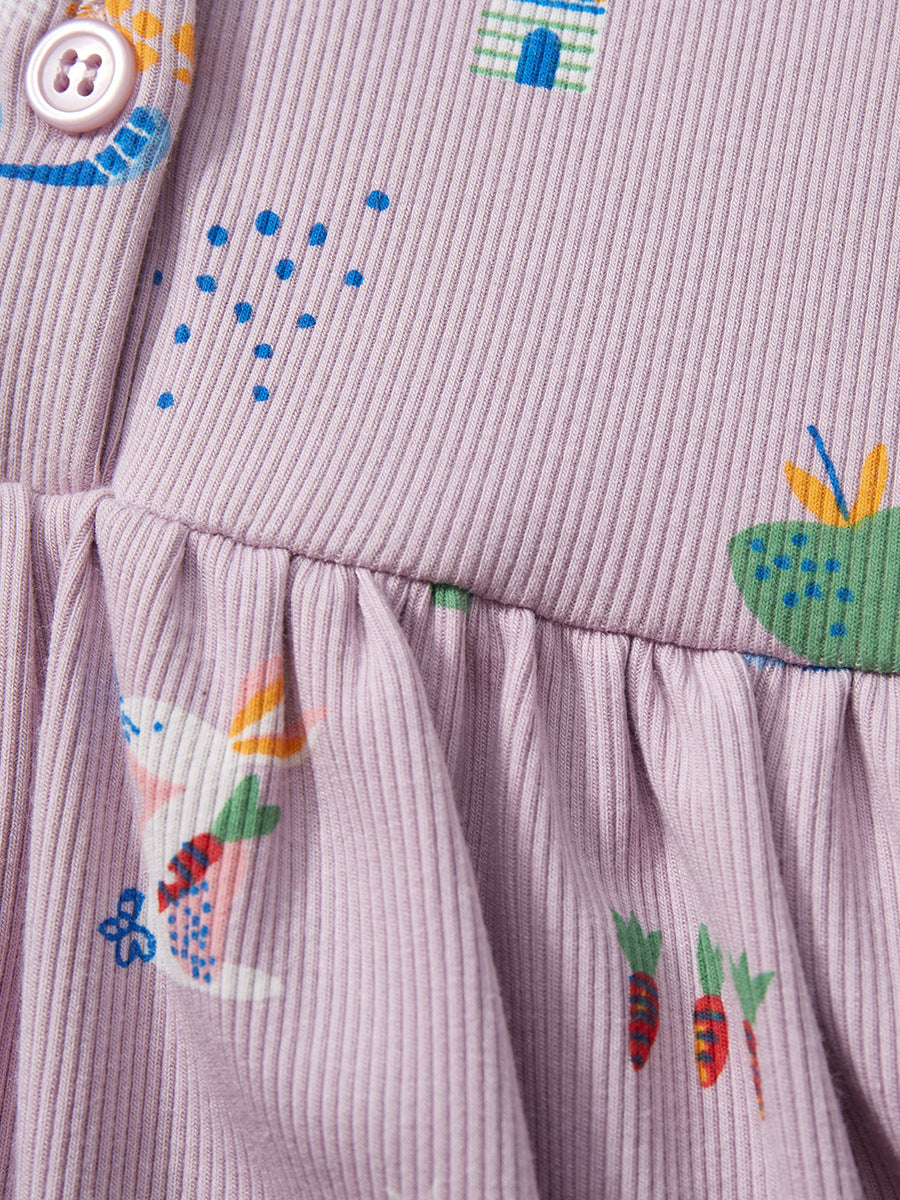 A purple short-sleeved top for baby girls featuring a colorful rainbow animal and floral design, perfect for spring and summer wear.