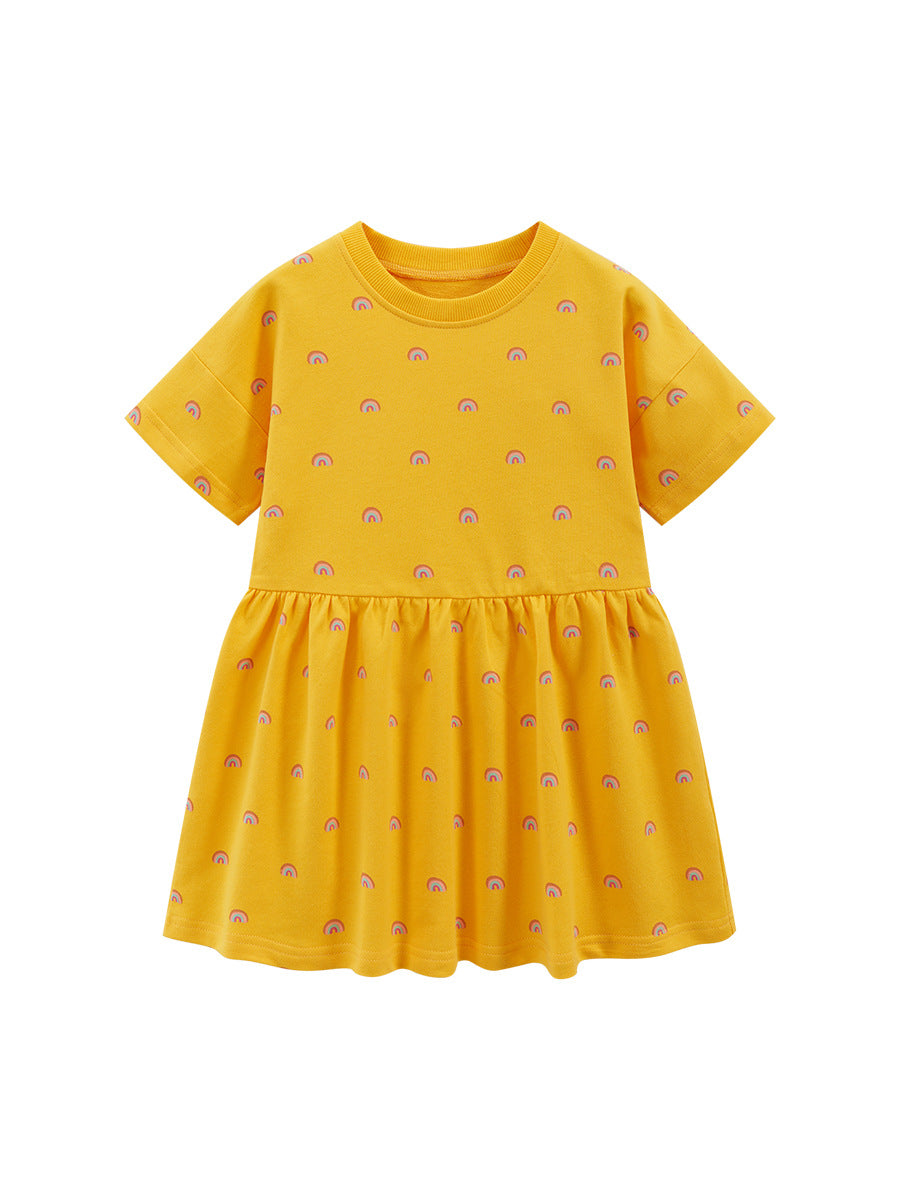 A vibrant yellow dress for baby girls featuring a colorful rainbow pattern, perfect for spring and summer wear.