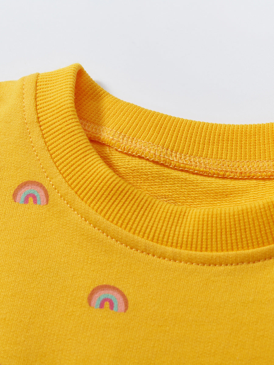 A vibrant yellow dress for baby girls featuring a colorful rainbow pattern, perfect for spring and summer wear.