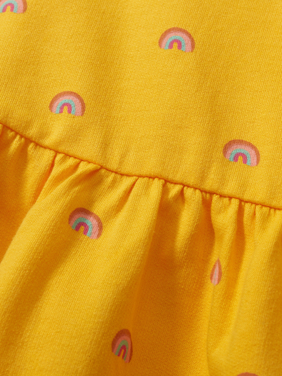 A vibrant yellow dress for baby girls featuring a colorful rainbow pattern, perfect for spring and summer wear.