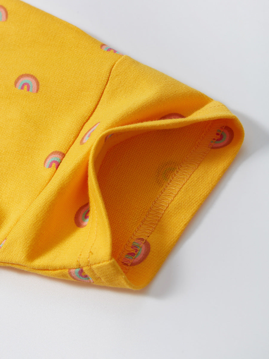 A vibrant yellow dress for baby girls featuring a colorful rainbow pattern, perfect for spring and summer wear.