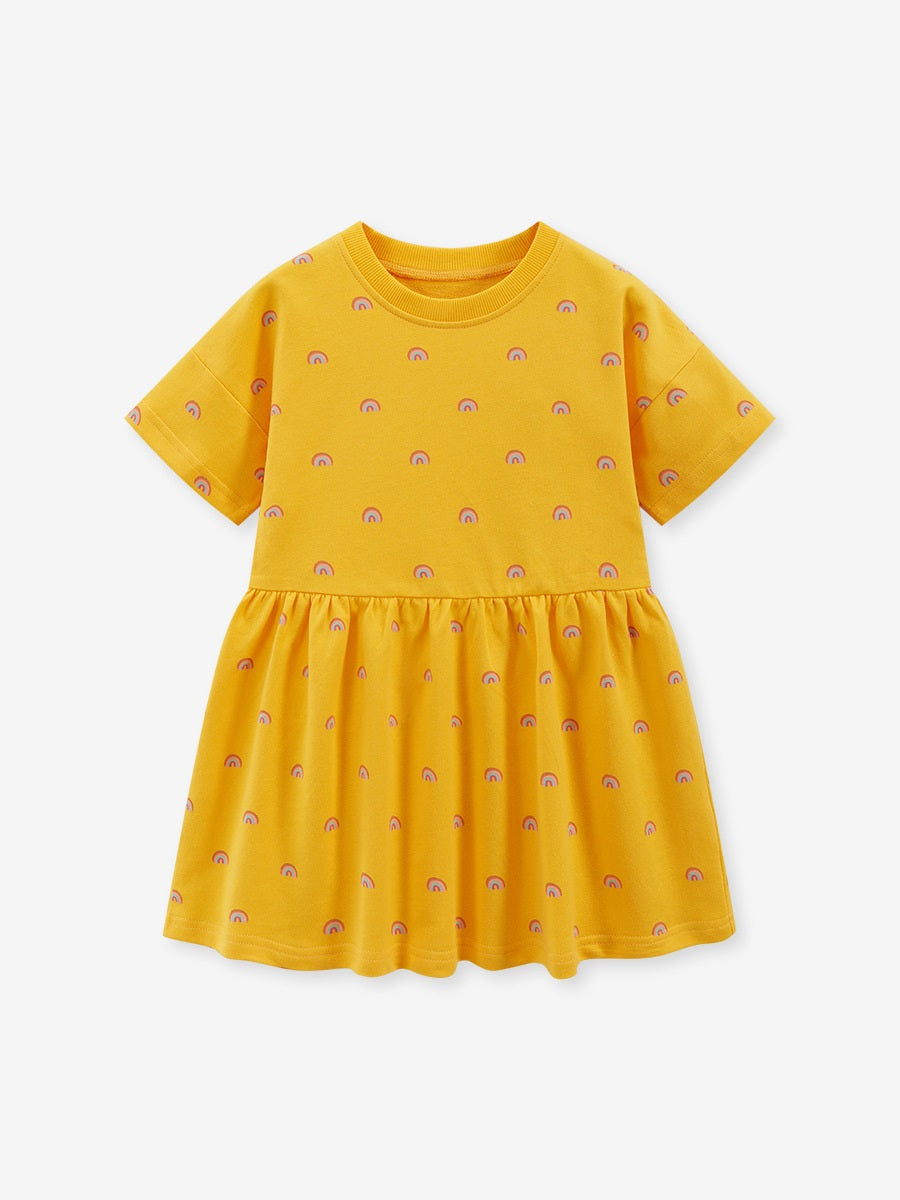 A vibrant yellow dress for baby girls featuring a colorful rainbow pattern, perfect for spring and summer wear.