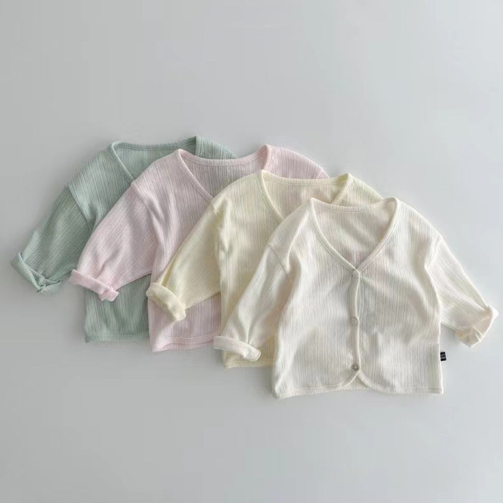 A stylish Spring and Summer Kids Unisex Minimalist Single Breasted outfit in pink, blue, yellow, and beige colors, suitable for infants and toddlers.